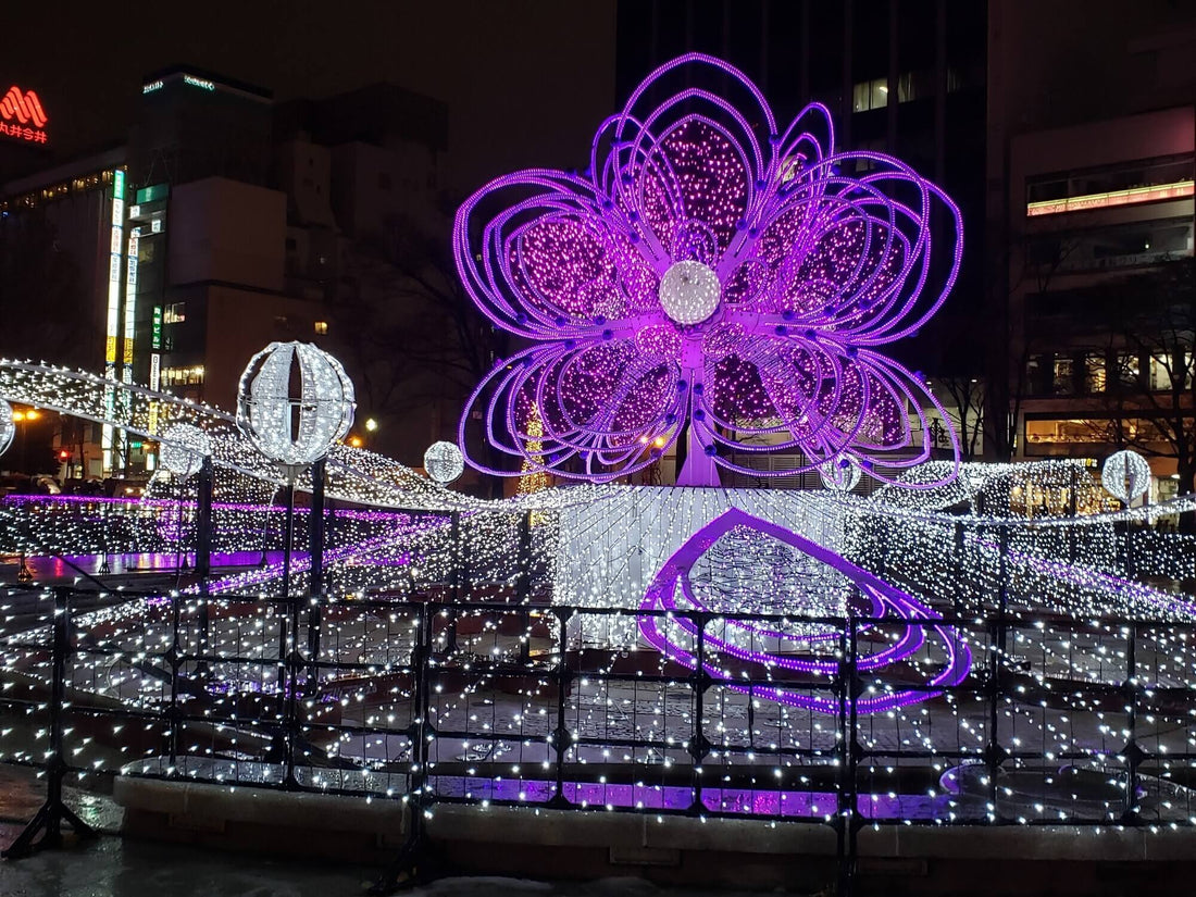 A winter illumination of a giant flower in Hokkaido