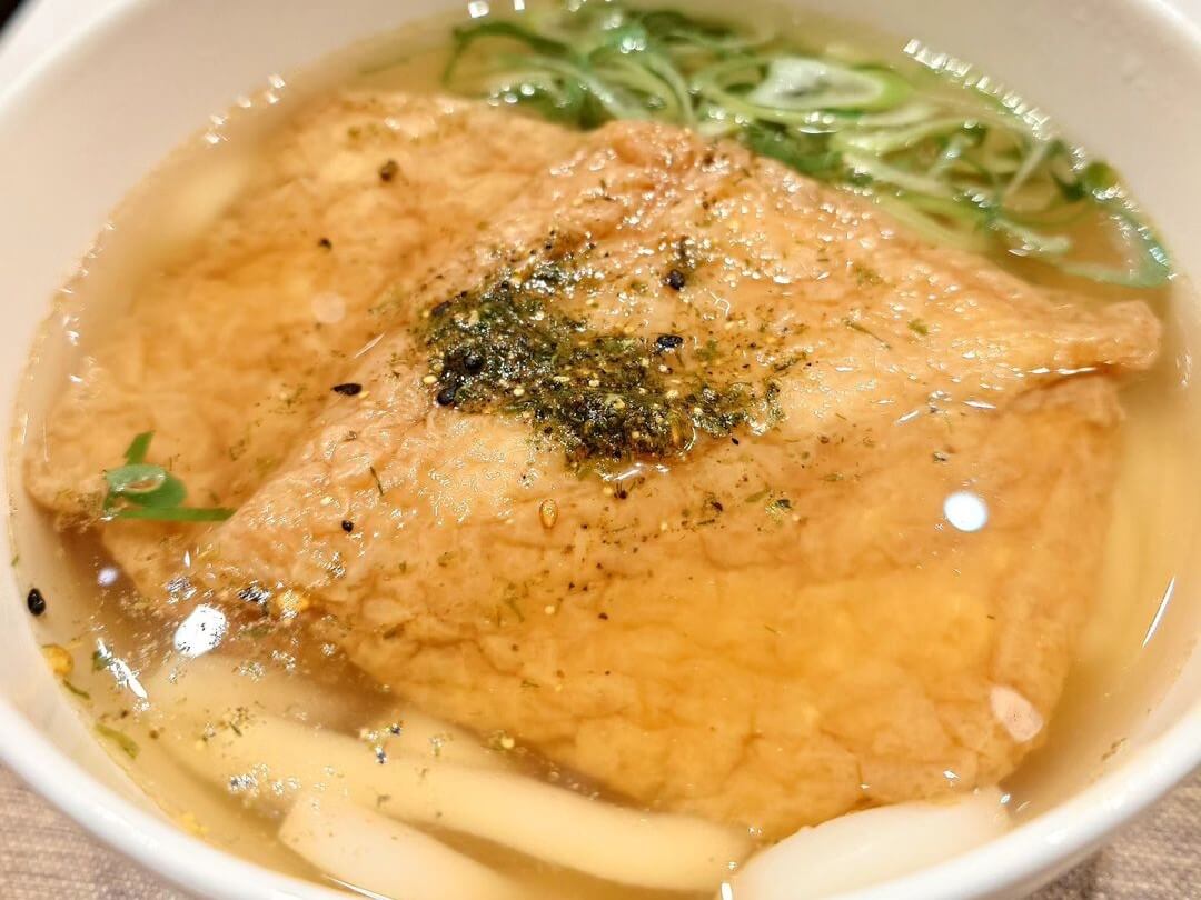 A bowl of kitsune udon with seasoning and green onion on top