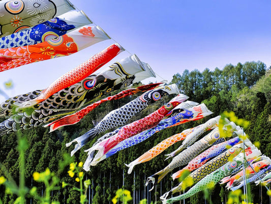 Many carp streamers hang from a line for Children's Day and Golden Week